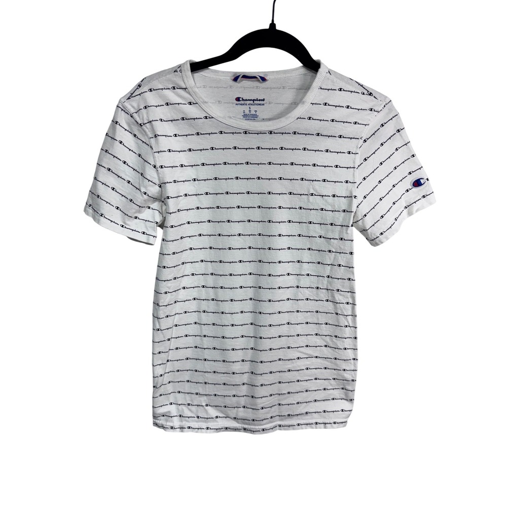 Champion Men's White All Over Script Logo T‎ Shirt Small Authentic Athleticwear